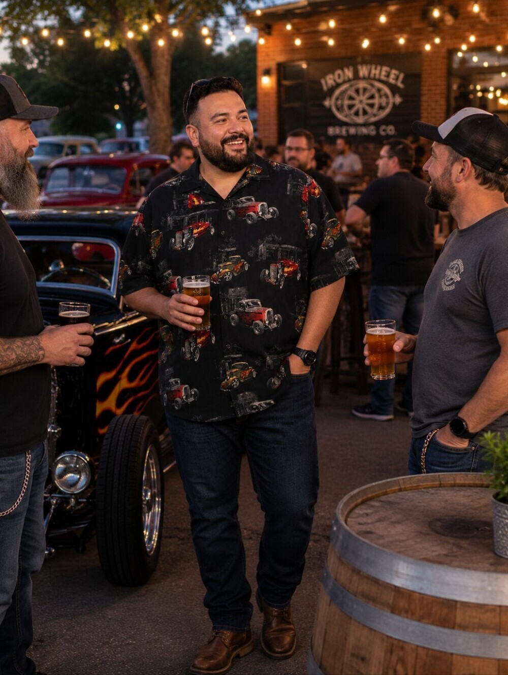 RedHead Hot Rod Button Down 4X | Retro Car Print Rockabilly Big & Tall
